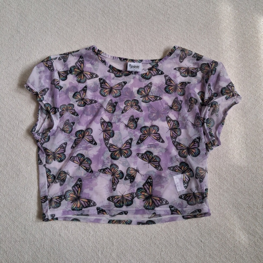 spencers y2k fairygrunge purple butterfly sheer mesh crop top shirt large